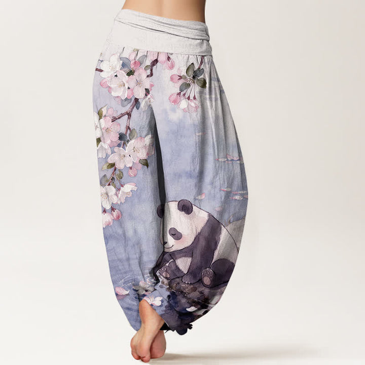 Buddha Stones 純綿桜パンダ柄レディースゴムウエストハーレムパンツ - image 9