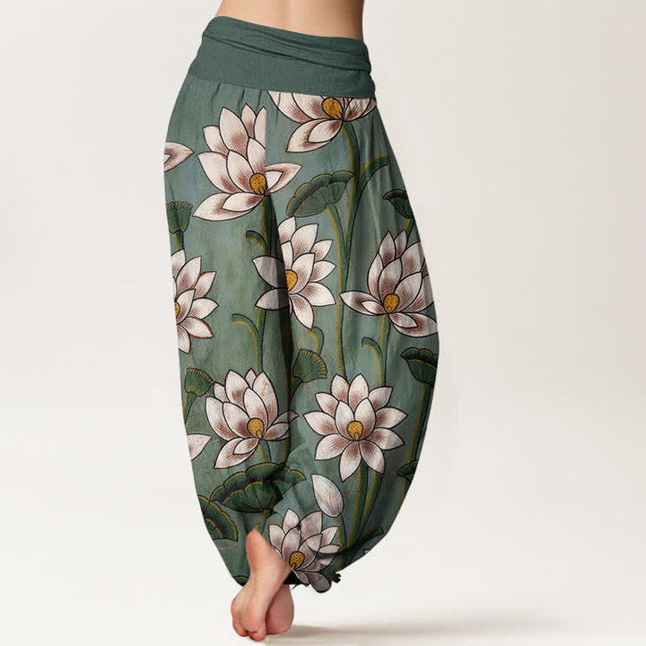 Buddha Stones 純綿素材、蓮の花柄、ウエストゴム入りレディースハーレムパンツ - image 2