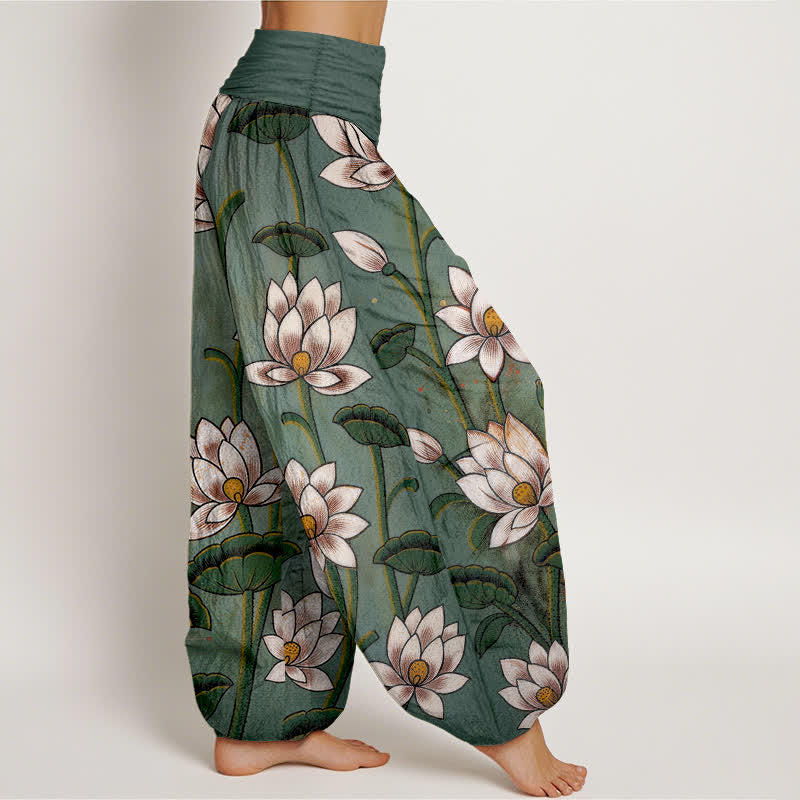 Buddha Stones 純綿素材、蓮の花柄、ウエストゴム入りレディースハーレムパンツ - image 1