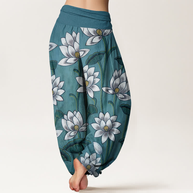Buddha Stones 純綿素材、蓮の花柄、ウエストゴム入りレディースハーレムパンツ - image 6