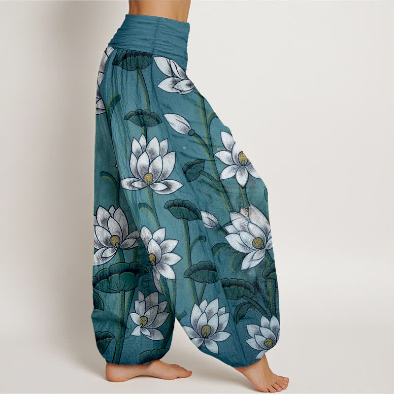 Buddha Stones 純綿素材、蓮の花柄、ウエストゴム入りレディースハーレムパンツ - image 7