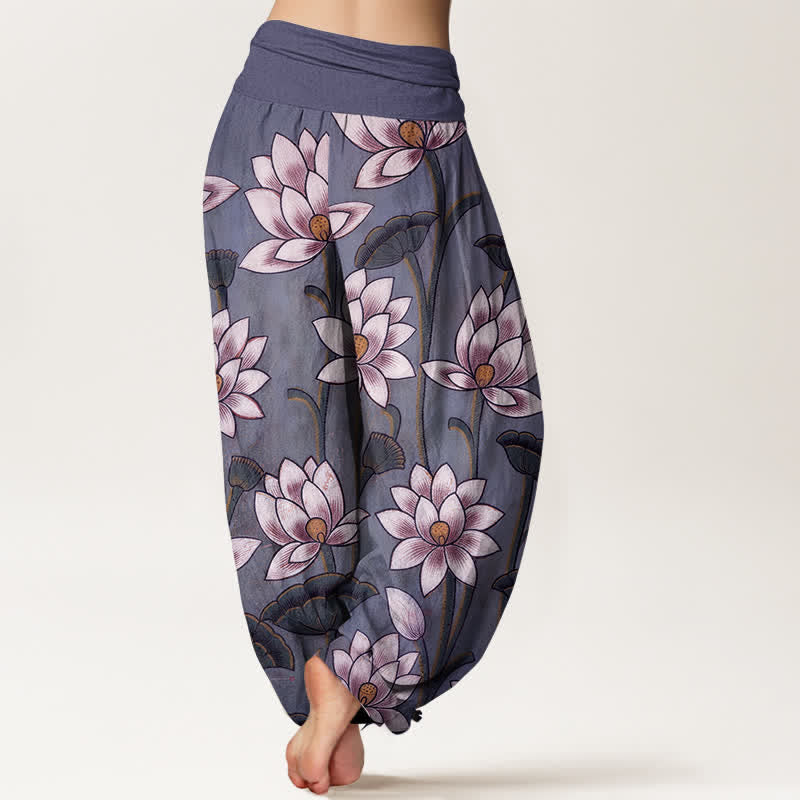 Buddha Stones 純綿素材、蓮の花柄、ウエストゴム入りレディースハーレムパンツ - image 10