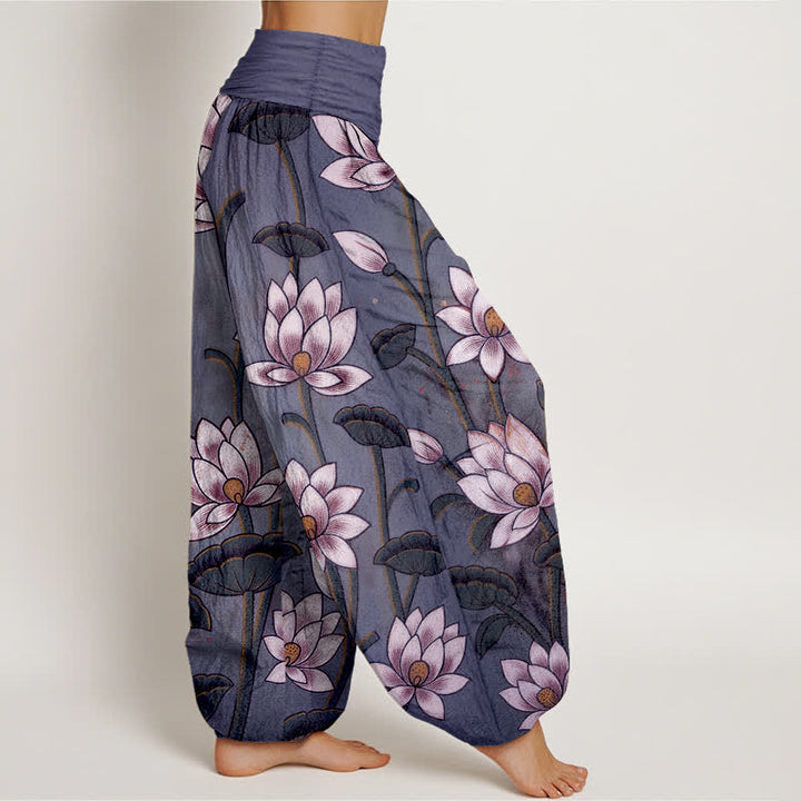 Buddha Stones 純綿素材、蓮の花柄、ウエストゴム入りレディースハーレムパンツ - image 9