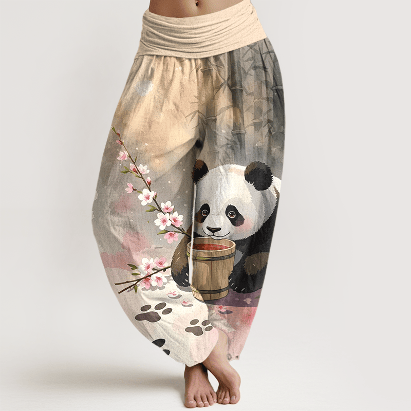 Buddha Stones 純綿パンダ竹花柄レディースゴムウエストハーレムパンツ - 小麦 - US16、 UK/AU20、 EU48 (3XL) - image 0