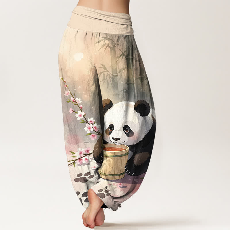 Buddha Stones 純綿パンダ竹花柄レディースゴムウエストハーレムパンツ - image 1
