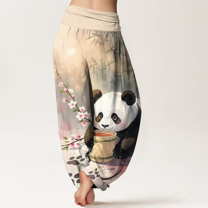 Buddha Stones 純綿パンダ竹花柄レディースゴムウエストハーレムパンツ - image 1