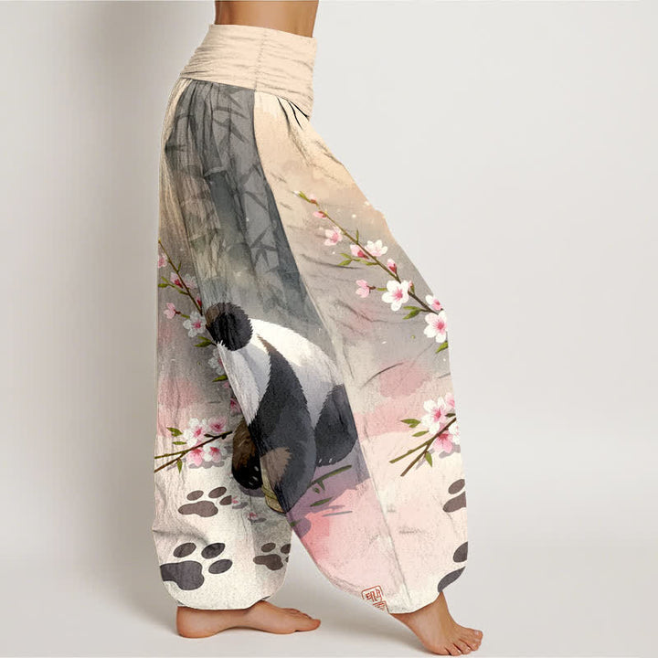 Buddha Stones 純綿パンダ竹花柄レディースゴムウエストハーレムパンツ - image 2