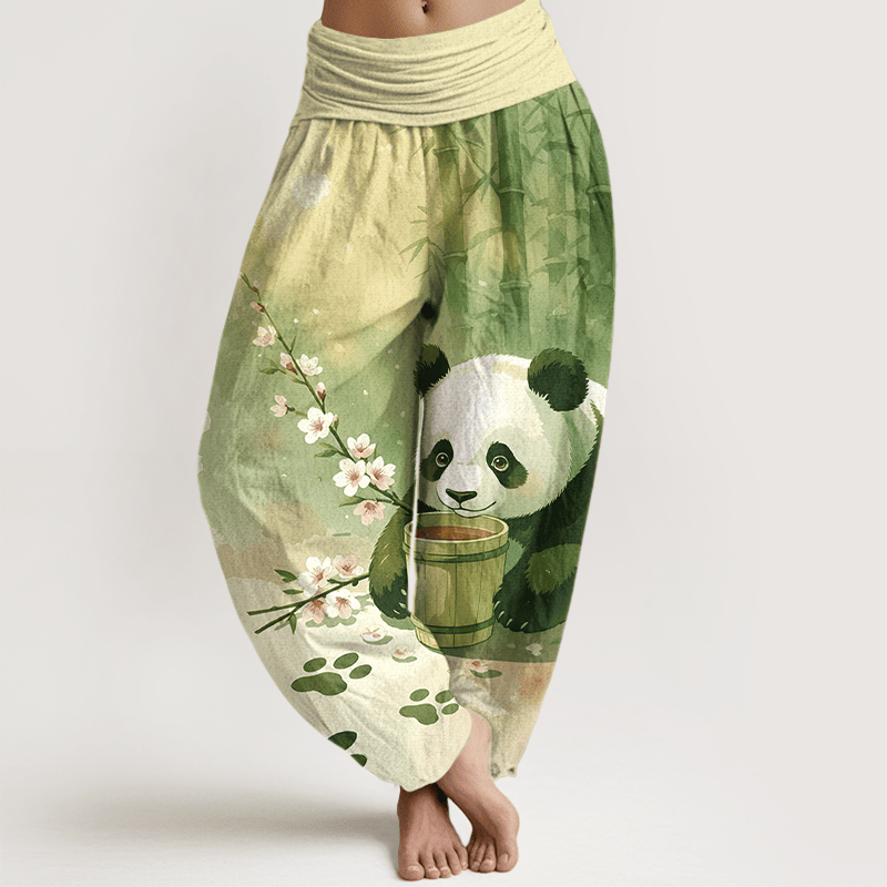 Buddha Stones 純綿パンダ竹花柄レディースゴムウエストハーレムパンツ - 黄緑 - US16、 UK/AU20、 EU48 (3XL) - image 5
