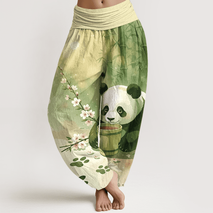 Buddha Stones 純綿パンダ竹花柄レディースゴムウエストハーレムパンツ - 黄緑 - US16、 UK/AU20、 EU48 (3XL) - image 5