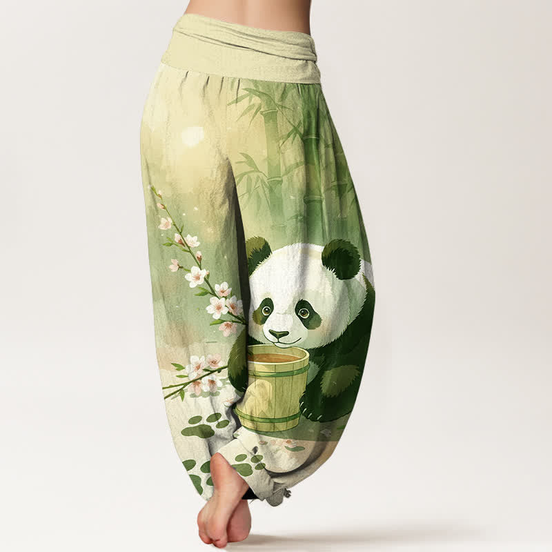 Buddha Stones 純綿パンダ竹花柄レディースゴムウエストハーレムパンツ - image 6