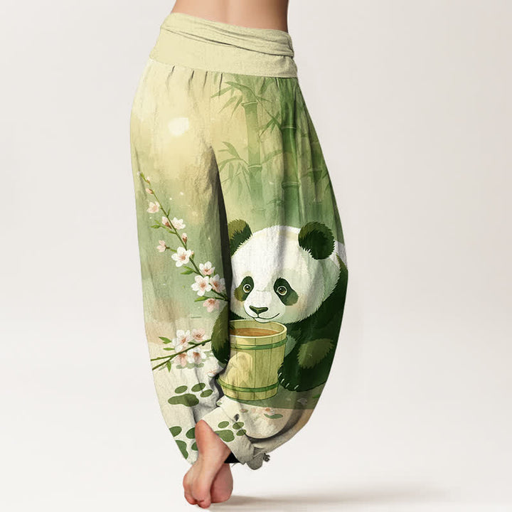 Buddha Stones 純綿パンダ竹花柄レディースゴムウエストハーレムパンツ - image 6