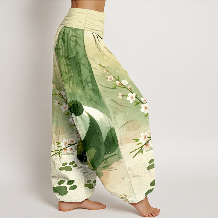 Buddha Stones 純綿パンダ竹花柄レディースゴムウエストハーレムパンツ - image 7