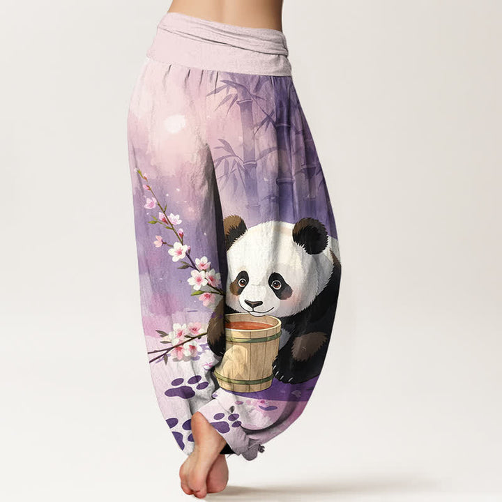 Buddha Stones 純綿パンダ竹花柄レディースゴムウエストハーレムパンツ - image 9