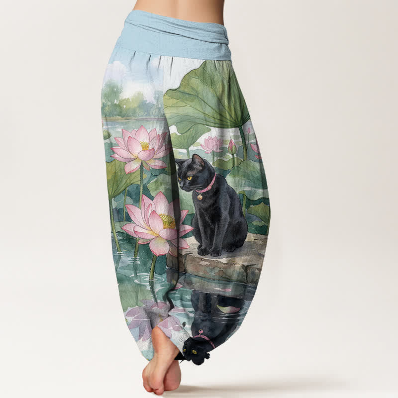 Buddha Stones 純綿素材、蓮と黒猫柄、ウエストゴム入りレディースハーレムパンツ - image 1