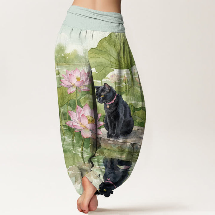 Buddha Stones 純綿素材、蓮と黒猫柄、ウエストゴム入りレディースハーレムパンツ - image 6