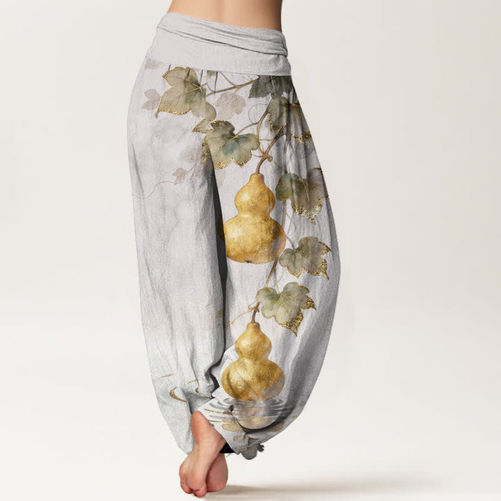 Buddha Stones 綿素材のゴールデンゴードリーフ柄レディースゴムウエストハーレムパンツ - image 6