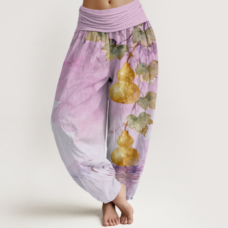 Buddha Stones 綿素材のゴールデンゴードリーフ柄レディースゴムウエストハーレムパンツ - 梅 - US16、 UK/AU20、 EU48 (3XL) - image 8