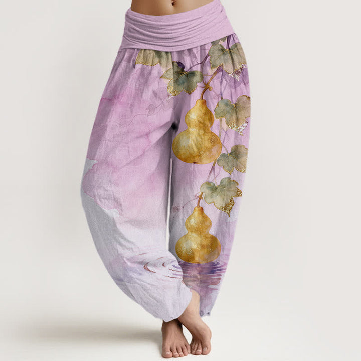 Buddha Stones 綿素材のゴールデンゴードリーフ柄レディースゴムウエストハーレムパンツ - 梅 - US16、 UK/AU20、 EU48 (3XL) - image 8