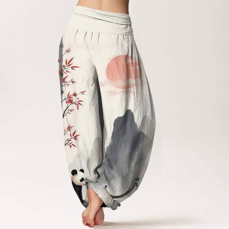 Buddha Stones コットンインク バンブーパンダ柄 レディース ゴムウエスト ハーレムパンツ - image 1