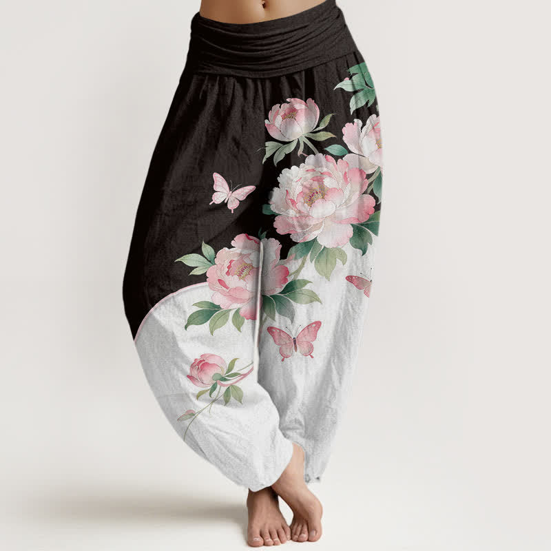 Buddha Stones 純綿花柄蝶柄 レディース ゴムウエスト ハーレムパンツ - 黒 - US16、 UK/AU20、 EU48 (3XL) - image 0