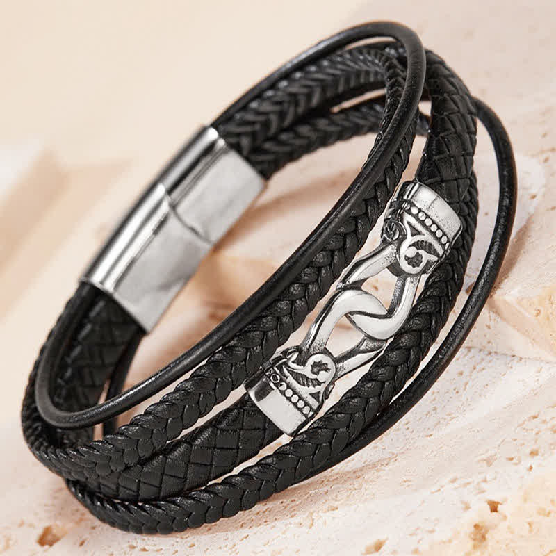 Buddha Stones ブラックレザー編み込みチタンスチール製耐久性ダブルラップブレスレット - image 1