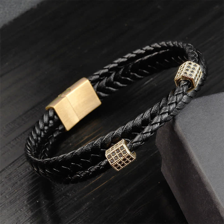 Buddha Stones ブラックレザーの手編みチタン鋼製マルチラップブレスレット - 金 - image 7