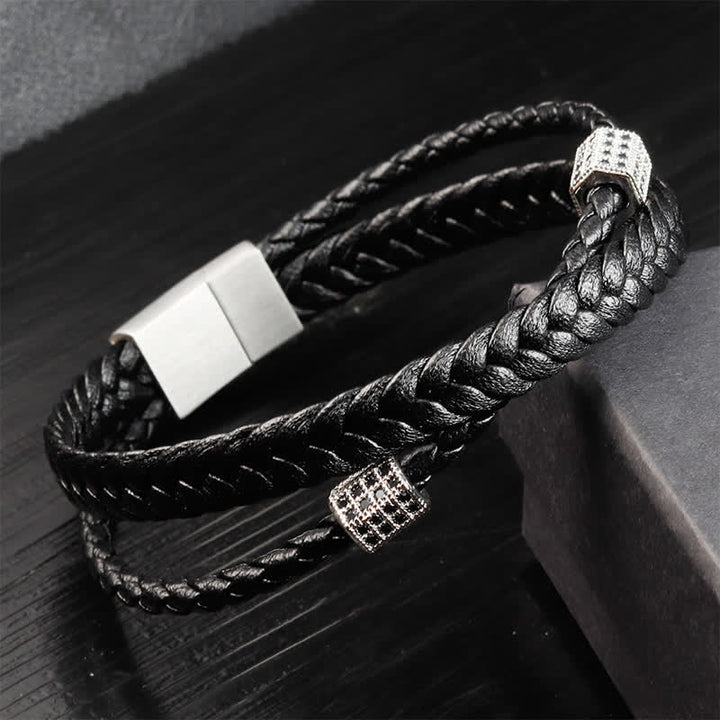 Buddha Stones ブラックレザーの手編みチタン鋼製マルチラップブレスレット - 鋼鉄 - image 6