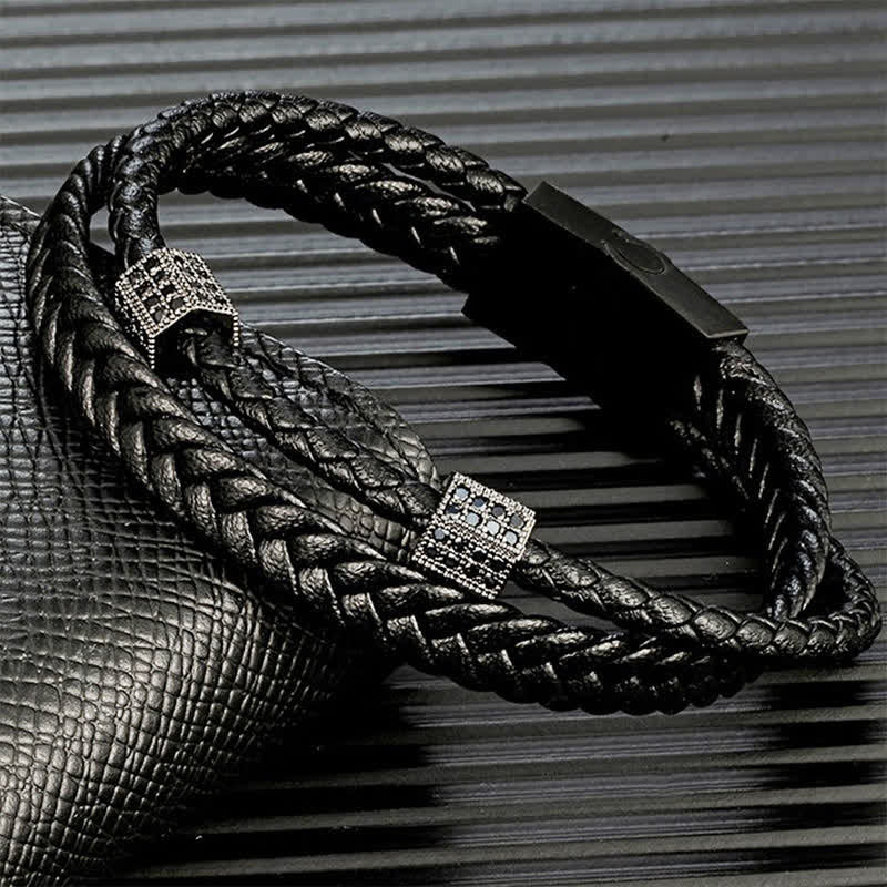 Buddha Stones ブラックレザーの手編みチタン鋼製マルチラップブレスレット - image 2