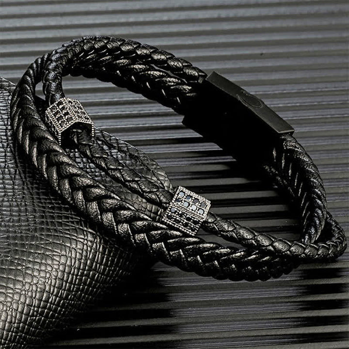 Buddha Stones ブラックレザーの手編みチタン鋼製マルチラップブレスレット - image 2