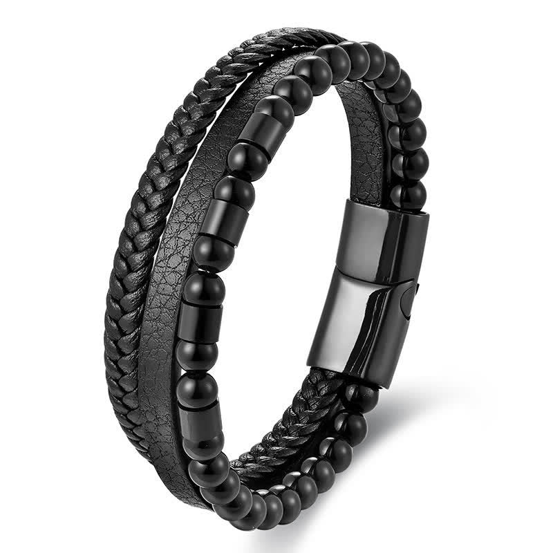 Buddha Stones ブラックレザー製、強度のある二重編みブレスレット - 黒 - image 0