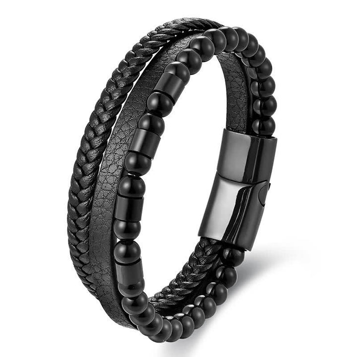 Buddha Stones ブラックレザー製、強度のある二重編みブレスレット - 黒 - image 0
