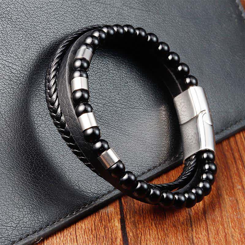 Buddha Stones ブラックレザー製、強度のある二重編みブレスレット - image 10