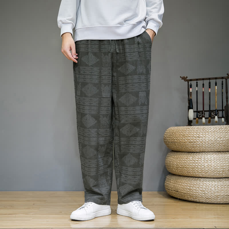 Buddha Stones 春夏カジュアルヴィンテージ幾何学模様ロングパンツメンズストレートレッグパンツポケット付き - image 1