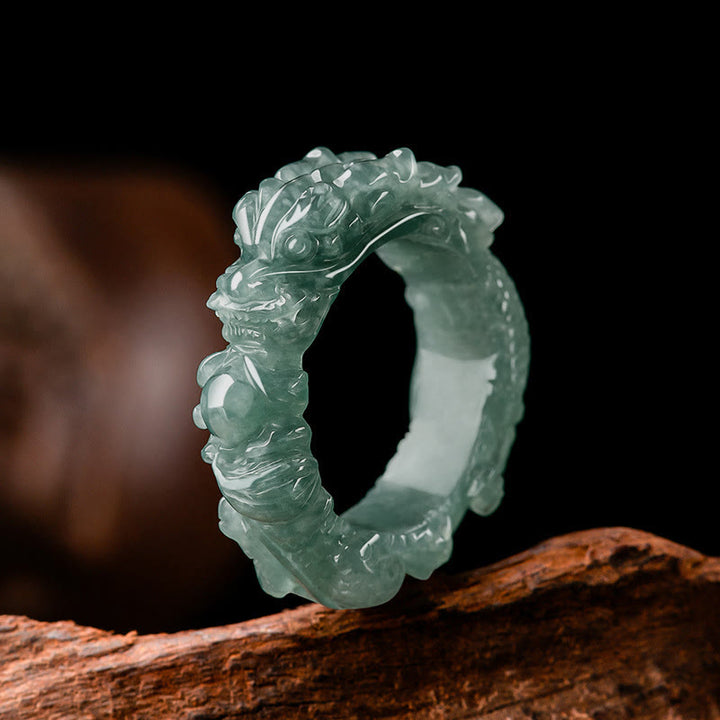 Buddha Stones天然翡翠龍成功リング - 23mm - image 0