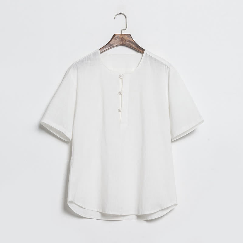 Buddha Stones 夏物カジュアル 唐草風 カエルボタン 無地 メンズ半袖シャツ - 白 - US/UK/AU46、 EU56 (5XL) - image 13