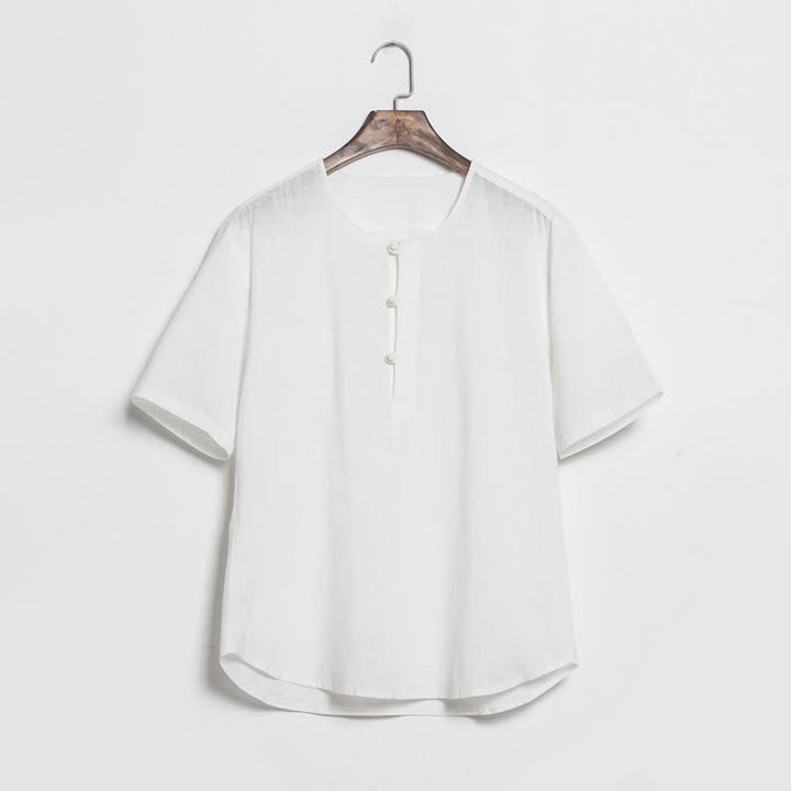 Buddha Stones 夏物カジュアル 唐草風 カエルボタン 無地 メンズ半袖シャツ - 白 - US/UK/AU46、 EU56 (5XL) - image 13