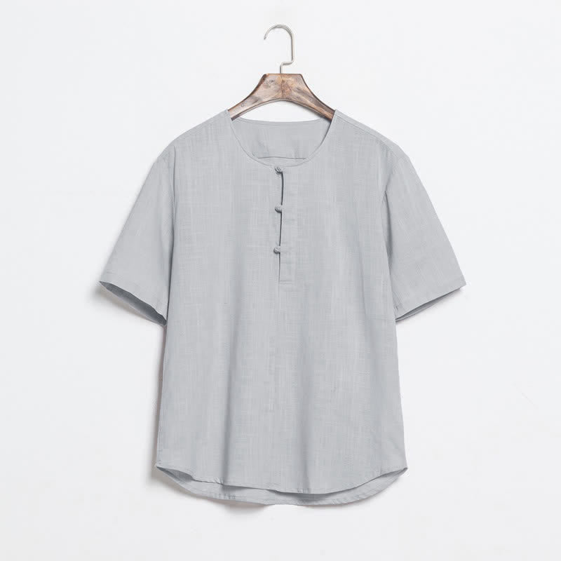 Buddha Stones 夏物カジュアル 唐草風 カエルボタン 無地 メンズ半袖シャツ - ライトグレー - US/UK/AU46、 EU56 (5XL) - image 11