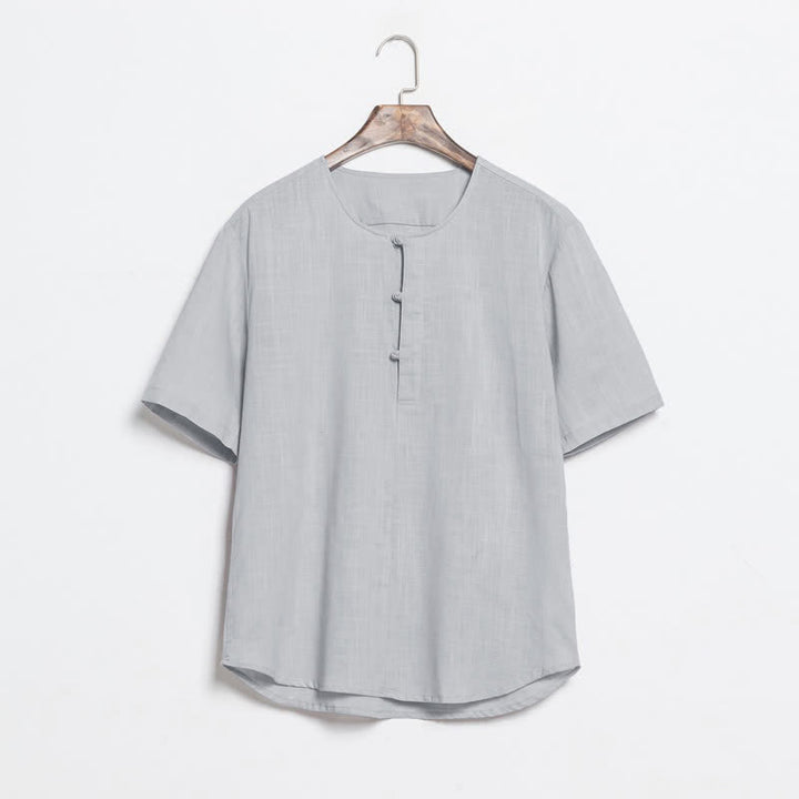 Buddha Stones 夏物カジュアル 唐草風 カエルボタン 無地 メンズ半袖シャツ - ライトグレー - US/UK/AU46、 EU56 (5XL) - image 11