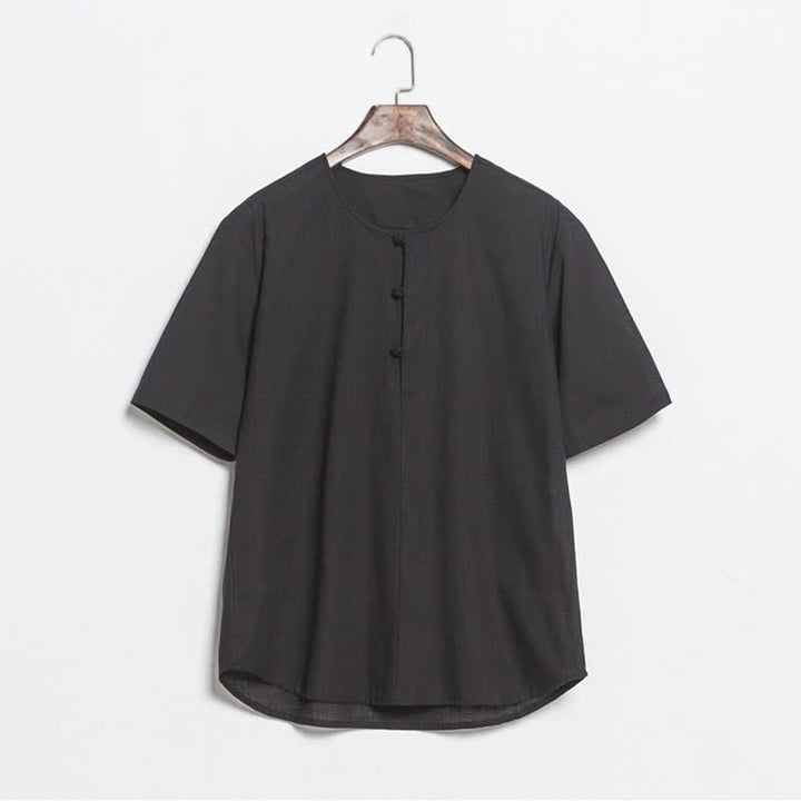 Buddha Stones 夏物カジュアル 唐草風 カエルボタン 無地 メンズ半袖シャツ - 黒 - US/UK/AU46、 EU56 (5XL) - image 7