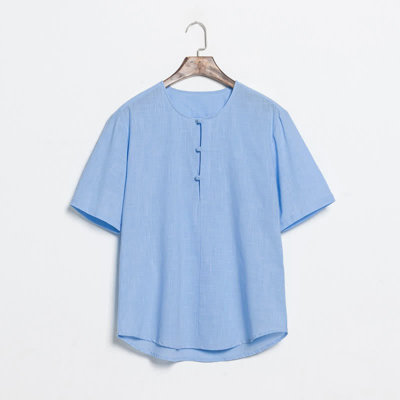 Buddha Stones 夏物カジュアル 唐草風 カエルボタン 無地 メンズ半袖シャツ - 水色 - US/UK/AU46、 EU56 (5XL) - image 9