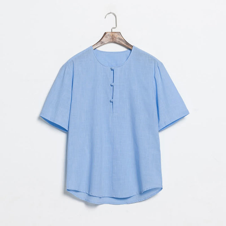 Buddha Stones 夏物カジュアル 唐草風 カエルボタン 無地 メンズ半袖シャツ - 水色 - US/UK/AU46、 EU56 (5XL) - image 9