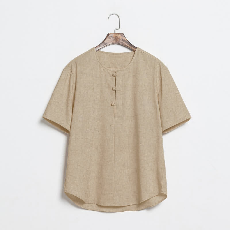 Buddha Stones 夏物カジュアル 唐草風 カエルボタン 無地 メンズ半袖シャツ - タン - US/UK/AU46、 EU56 (5XL) - image 0