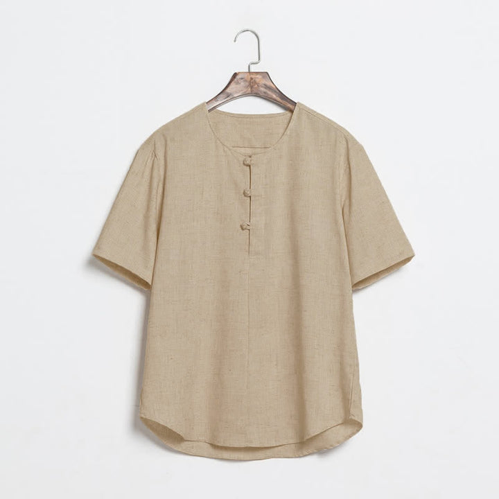 Buddha Stones 夏物カジュアル 唐草風 カエルボタン 無地 メンズ半袖シャツ - タン - US/UK/AU46、 EU56 (5XL) - image 0