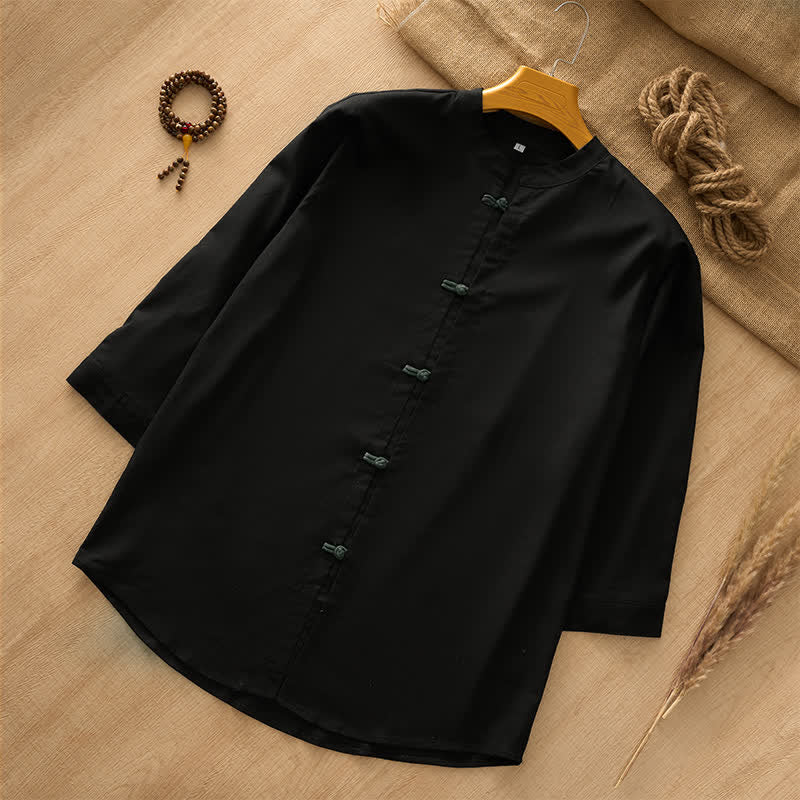 Buddha Stones 春夏向け唐草風カジュアルカエルボタン無地メンズ長袖シャツ - 黒 - US/UK/AU44, EU54 （3XL） - image 5