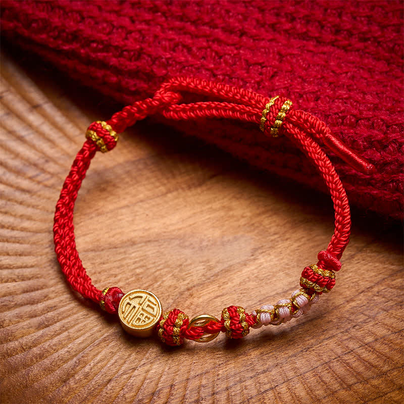 Buddha Stones 福の文字入り銅貨と赤紐の良縁祈願ブレスレット - image 1