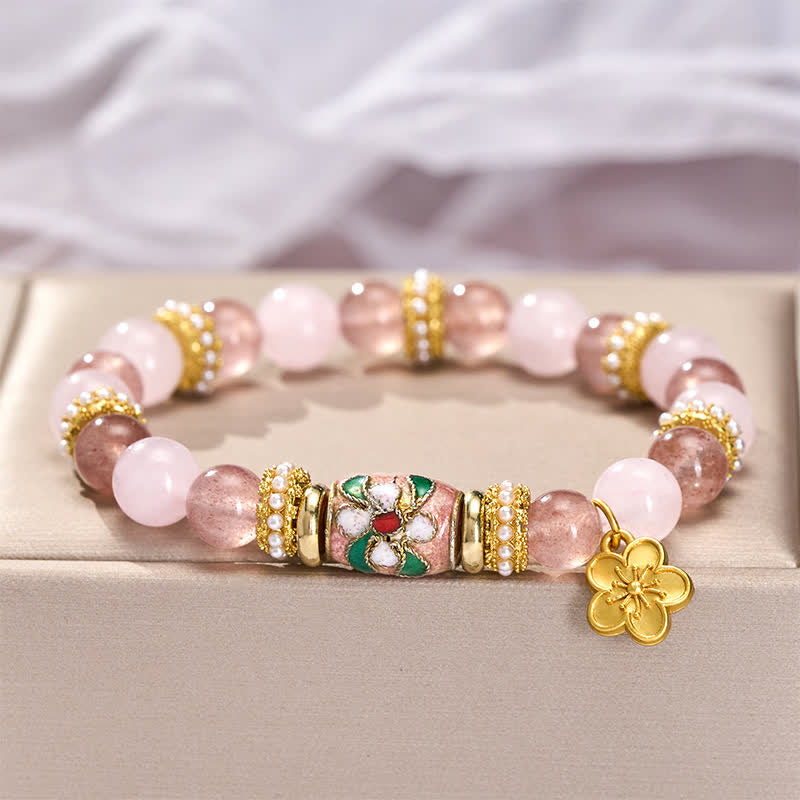 Buddha Stones 天然ストロベリークォーツ、ローズクォーツ、エナメルフラワーペンダント、ラブラウンドポリッシュビーズブレスレット - image 3