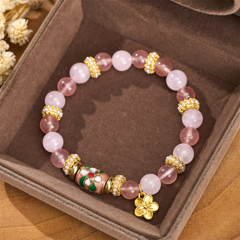 Buddha Stones 天然ストロベリークォーツ、ローズクォーツ、エナメルフラワーペンダント、ラブラウンドポリッシュビーズブレスレット - image 1