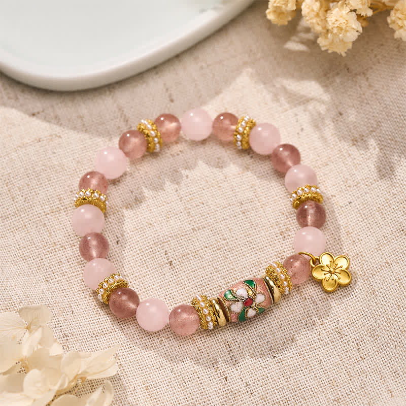 Buddha Stones 天然ストロベリークォーツ、ローズクォーツ、エナメルフラワーペンダント、ラブラウンドポリッシュビーズブレスレット - ストロベリークォーツ／ローズクォーツ（手首周り：15～16cm） - image 0
