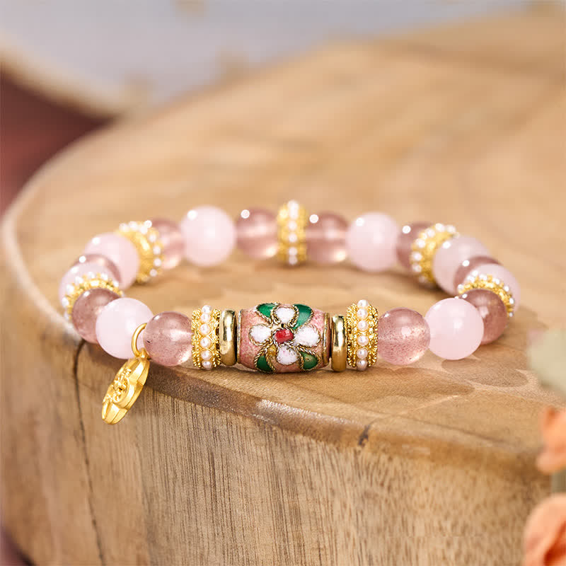 Buddha Stones 天然ストロベリークォーツ、ローズクォーツ、エナメルフラワーペンダント、ラブラウンドポリッシュビーズブレスレット - image 2