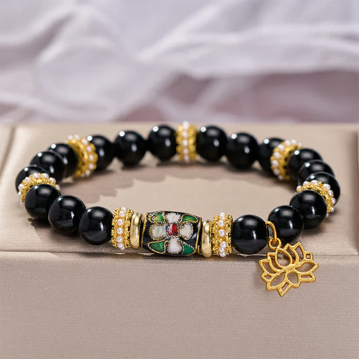 Buddha Stones 黒曜石七宝焼き花蓮ペンダント守護丸ビーズブレスレット - image 3